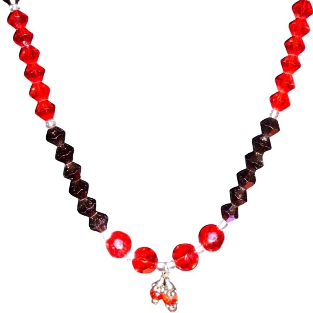 Vintage Red and Black Faceted Glass Bead Necklace with Drop Charm 18 Inch